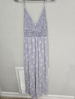 Backless Lilac Crochet Maxi Dress with Floral Overlay